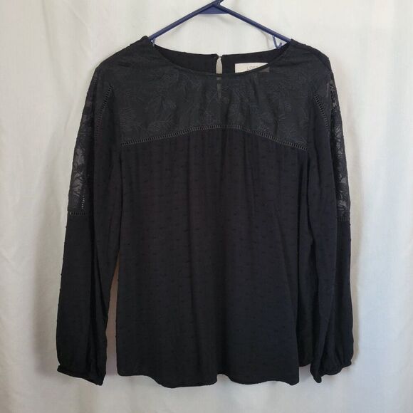 Loft Black Blouse Lace Yoke long sleeves Large Rayon Polyester keyhole EUC - Picture 12 of 12